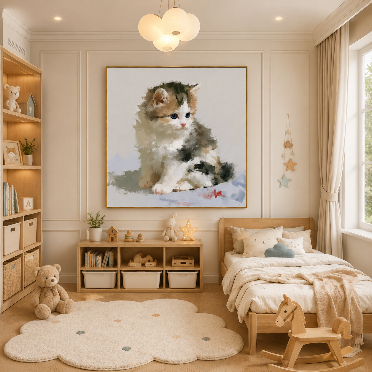 Fluffy Blue-Eyed Kitten Hand-Painted Oil Painting – Cute Cat Wall Art # OA 1109
