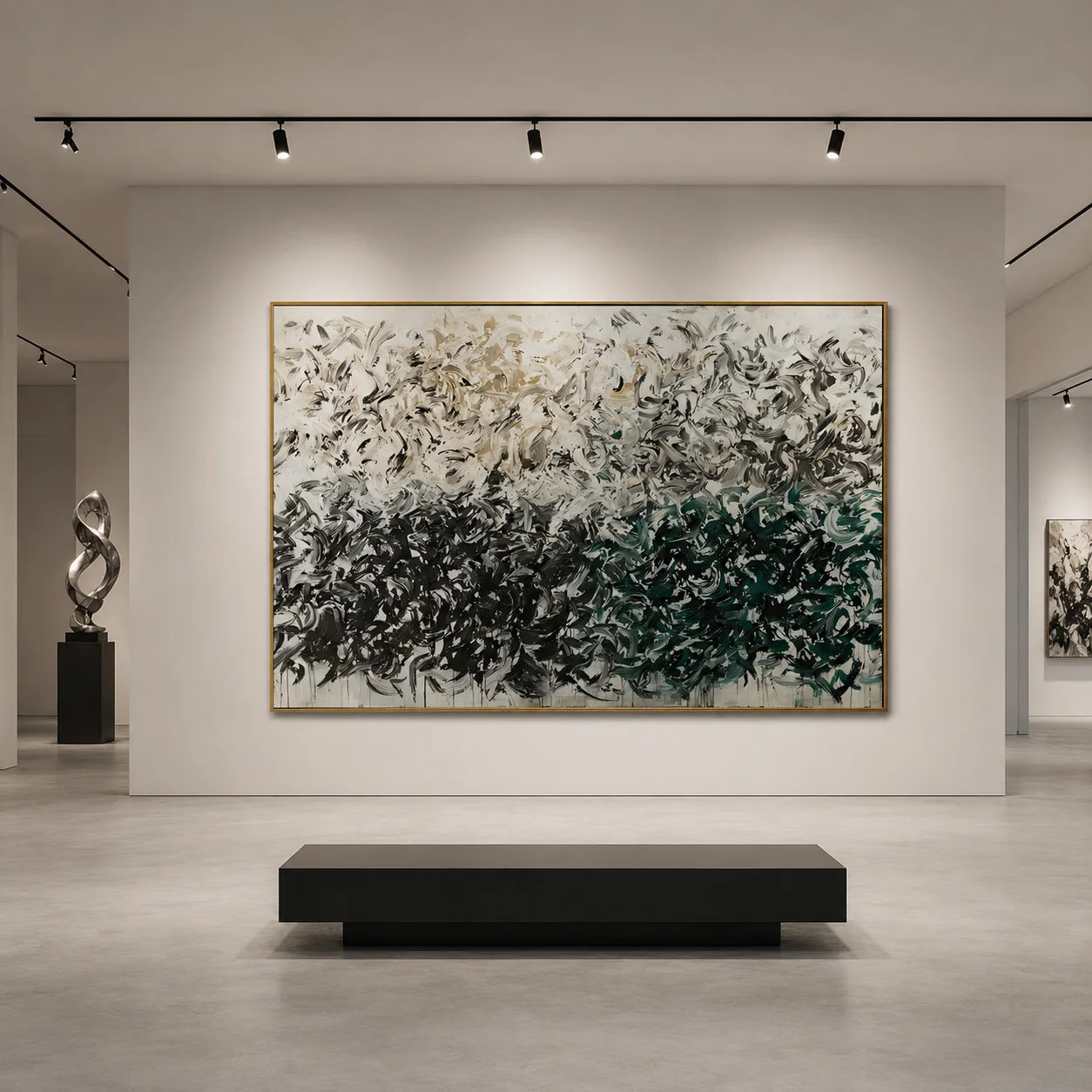 Green Black Abstract Hand-Painted Oil Painting, Modern Textured Brushstroke Wall Art # OA 1045