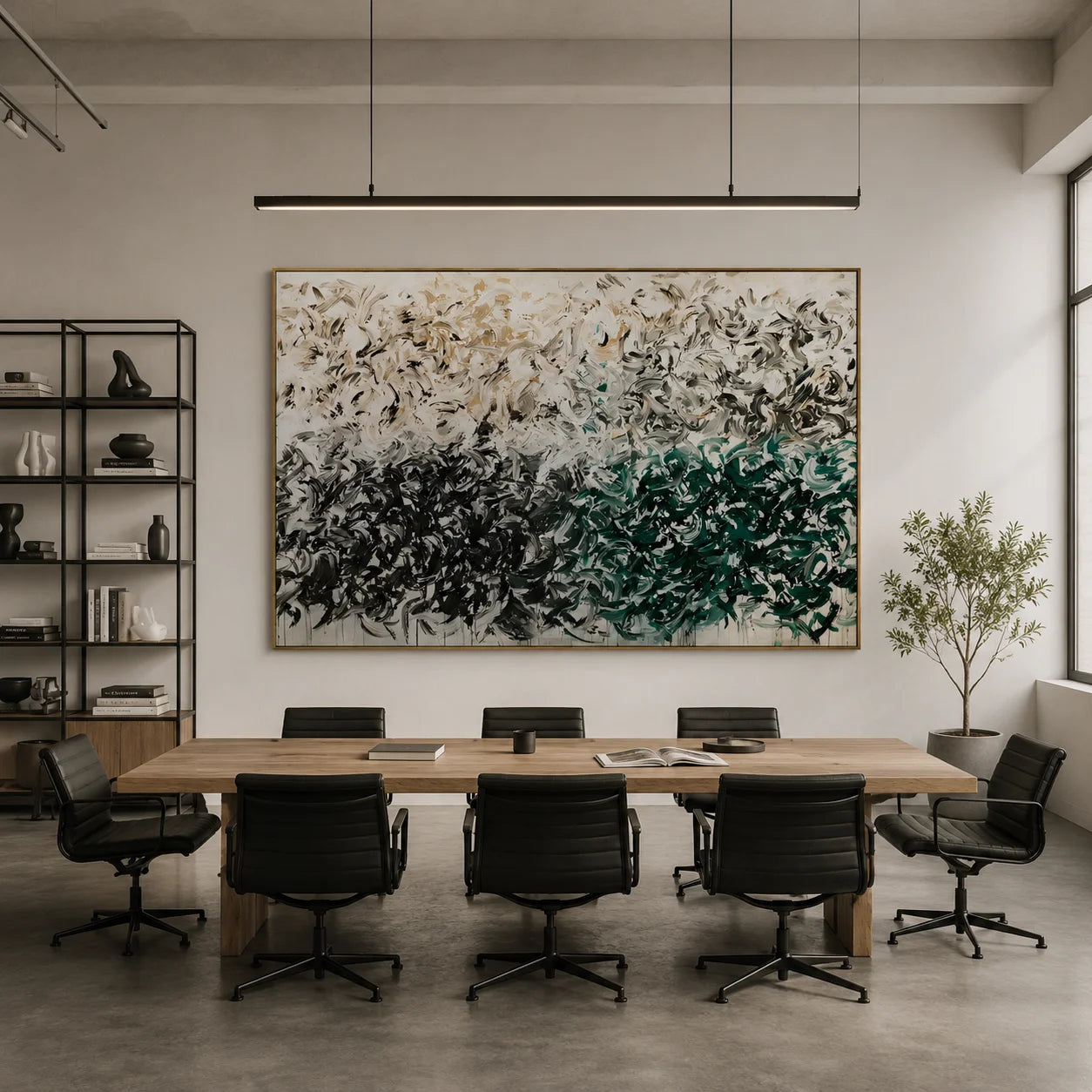 Green Black Abstract Hand-Painted Oil Painting, Modern Textured Brushstroke Wall Art # OA 1045