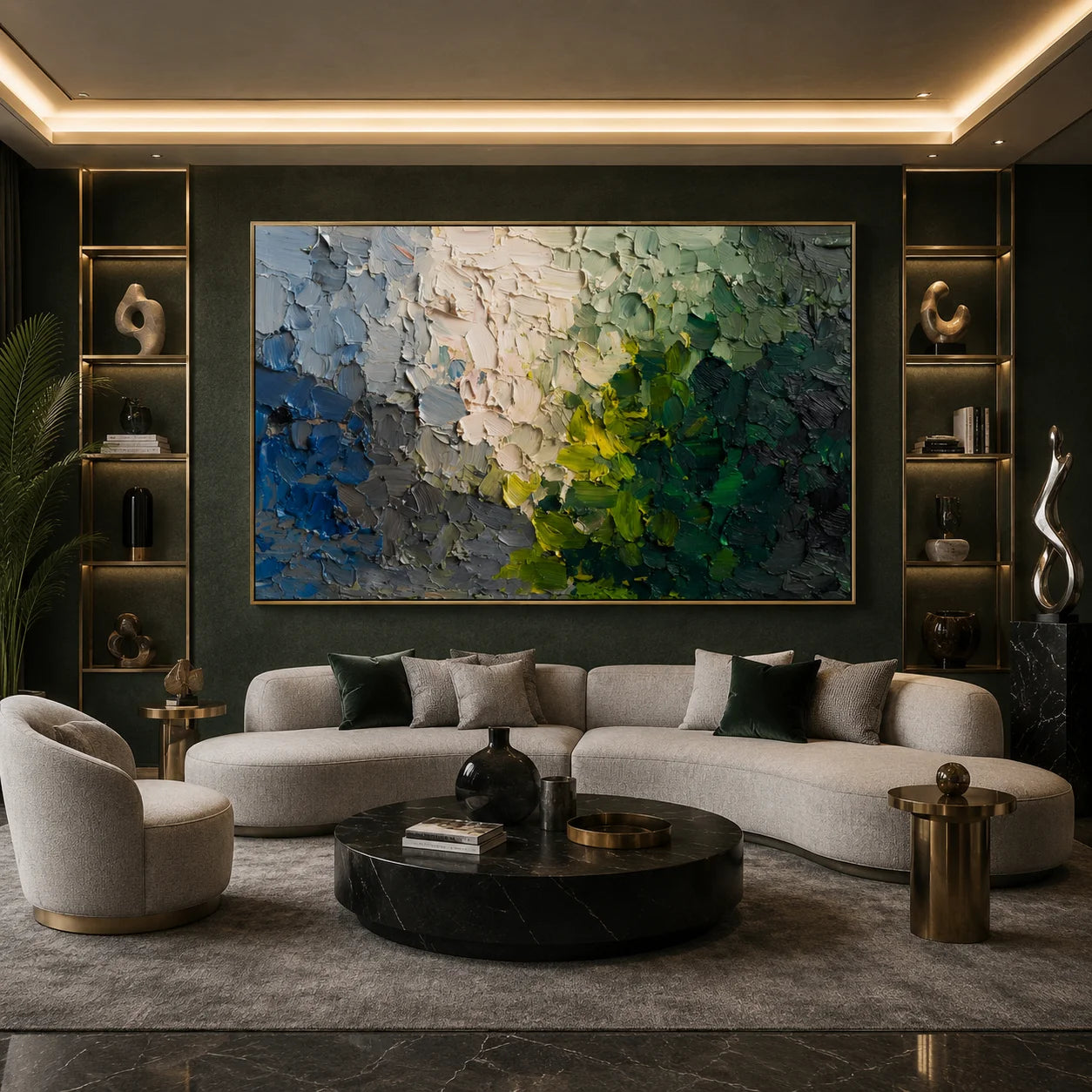 Green Blue Abstract Hand-Painted Oil Painting, Modern Textured Impasto Wall Art # OA 1047