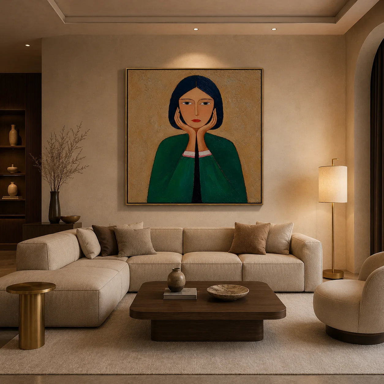 Green Cloak Girl Portrait Hand-Painted Oil Painting | Modern Abstract Figurative Wall Art with Textured Vintage Style #OA 1015