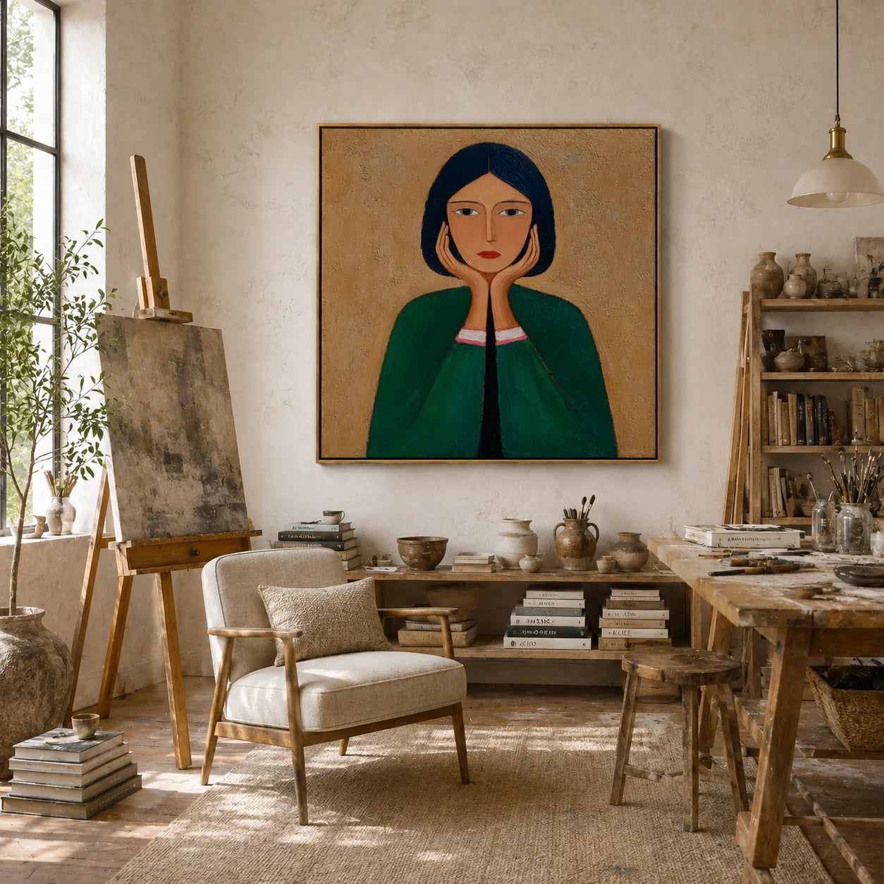 Green Cloak Girl Portrait Hand-Painted Oil Painting | Modern Abstract Figurative Wall Art with Textured Vintage Style #OA 1015
