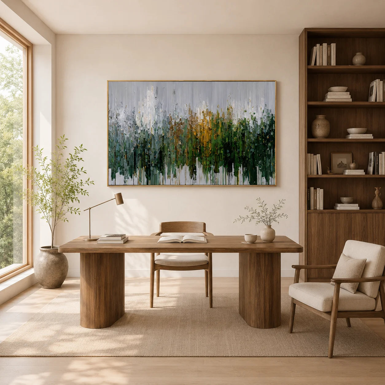 Green Gold Abstract Forest Hand-Painted Oil Painting, Modern Textured Landscape Wall Art # OA 1064
