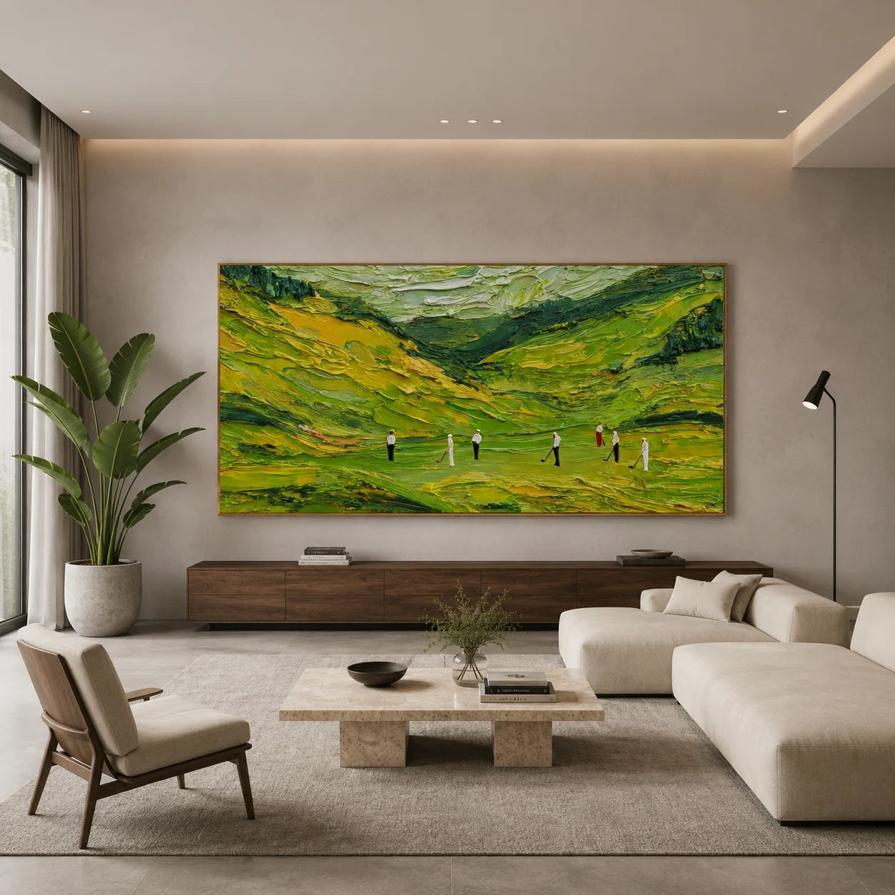 Ownanart Green Golf Course Landscape Hand-Painted Oil Painting – Abstract Valley Hills Impasto Golfers Panoramic Wall Art for Modern Home Decor # OA 1245