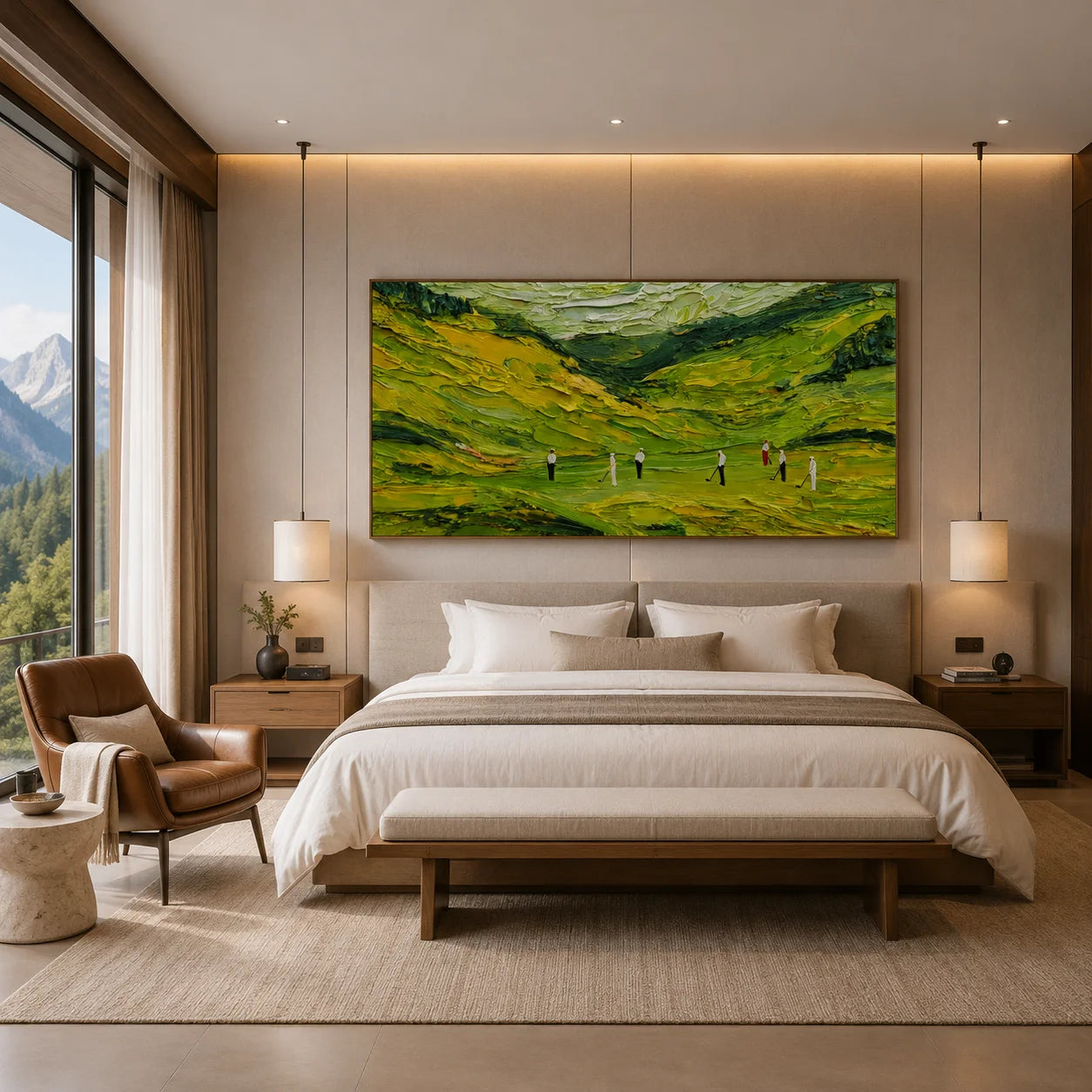 Ownanart Green Golf Course Landscape Hand-Painted Oil Painting – Abstract Valley Hills Impasto Golfers Panoramic Wall Art for Modern Home Decor # OA 1245
