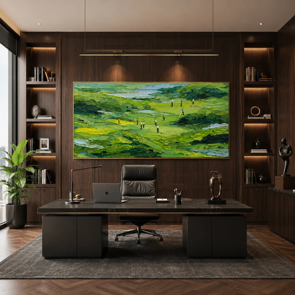 Ownanart Green Golf Course Landscape Hand-Painted Oil Painting – Textured Impasto Hills and Golfers Panoramic Wall Art # OA 1243