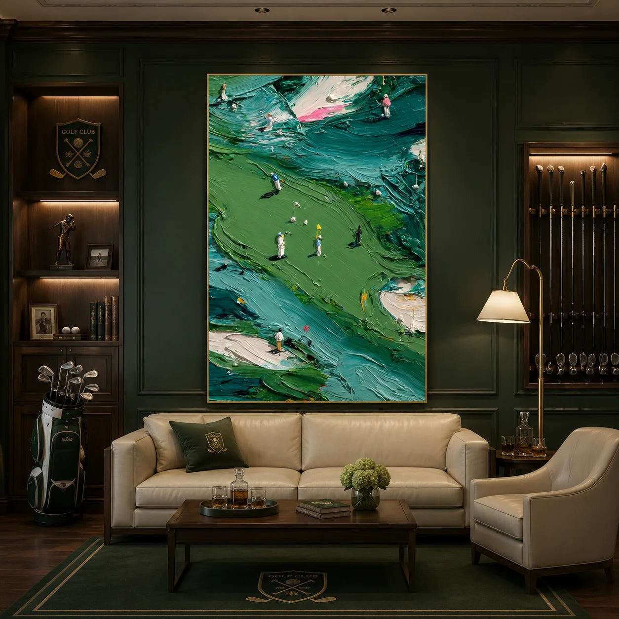 Green Golf Course Landscape Hand-Painted Oil Painting | Textured Palette Knife Golfers Sports Wall Art for Living Room, Office and Clubhouse
