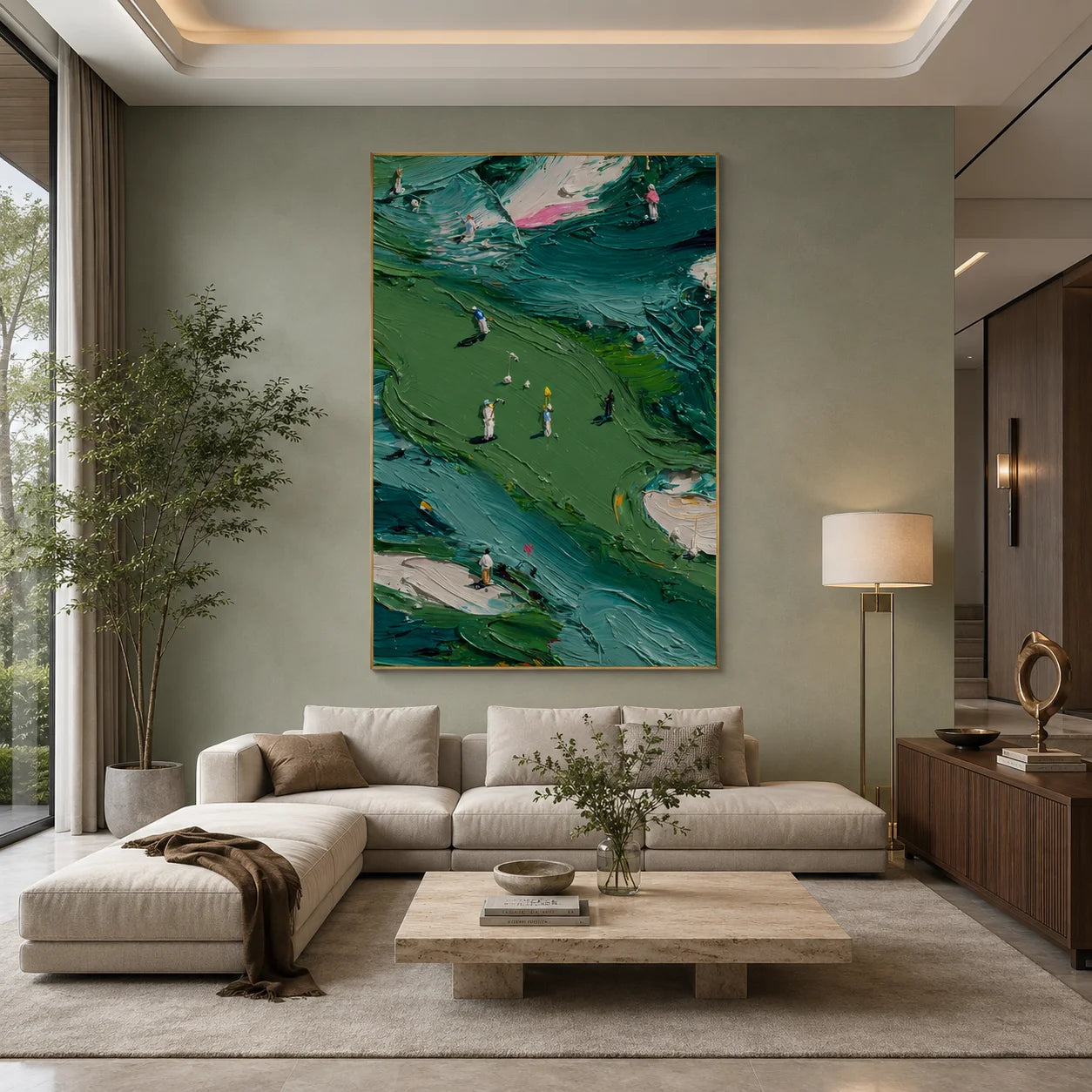 Green Golf Course Landscape Hand-Painted Oil Painting | Textured Palette Knife Golfers Sports Wall Art for Living Room, Office and Clubhouse