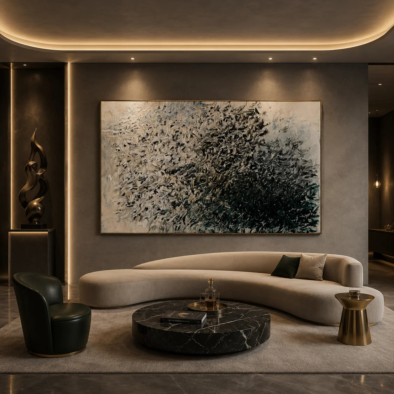 Green Gray Abstract Hand-Painted Oil Painting, Modern Textured Brushstroke Wall Art # OA 1046