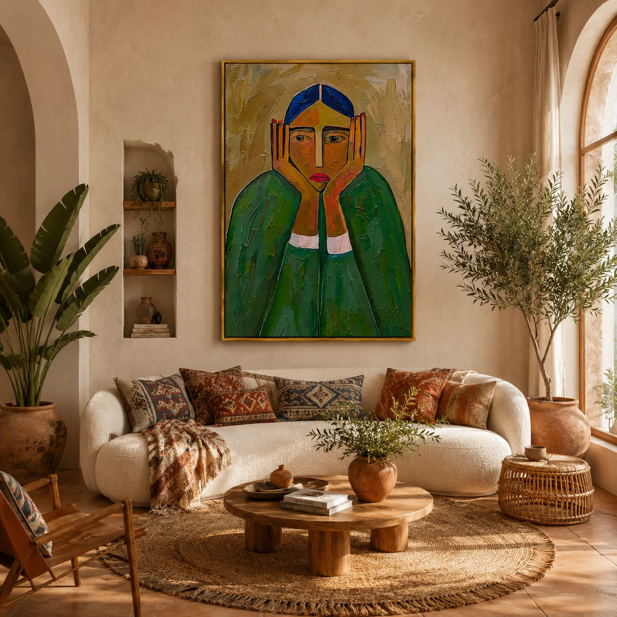 Green Portrait Hand-Painted Oil Painting | Modern Abstract Figurative Wall Art with Textured Brushstrokes#OA 1006