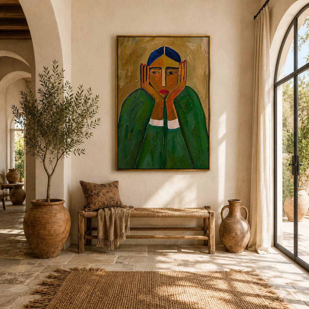Green Portrait Hand-Painted Oil Painting | Modern Abstract Figurative Wall Art with Textured Brushstrokes#OA 1006