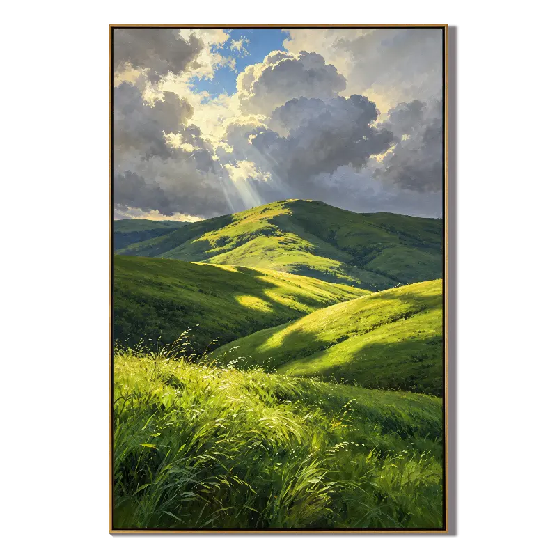 Ownanart Green Rolling Hills Hand-Painted Oil Painting – Sunlit Mountain Landscape with Dramatic Cloudy Sky, Nature Wall Art for Living Room