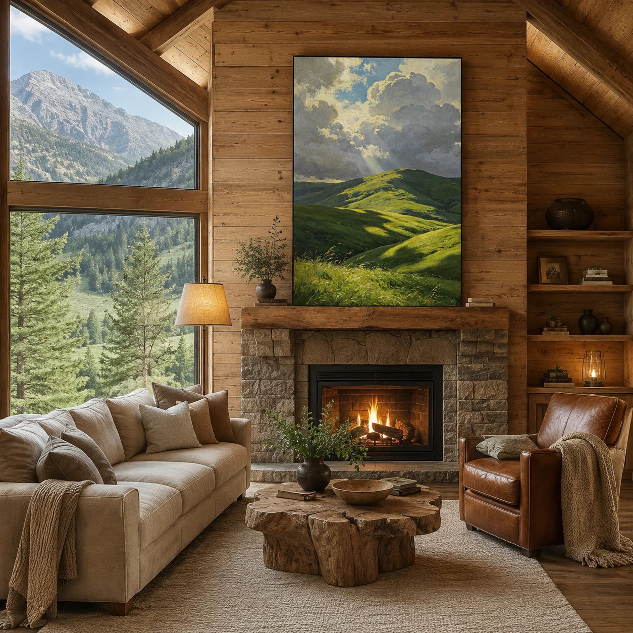 Ownanart Green Rolling Hills Hand-Painted Oil Painting – Sunlit Mountain Landscape with Dramatic Cloudy Sky, Nature Wall Art for Living Room # OA 1328
