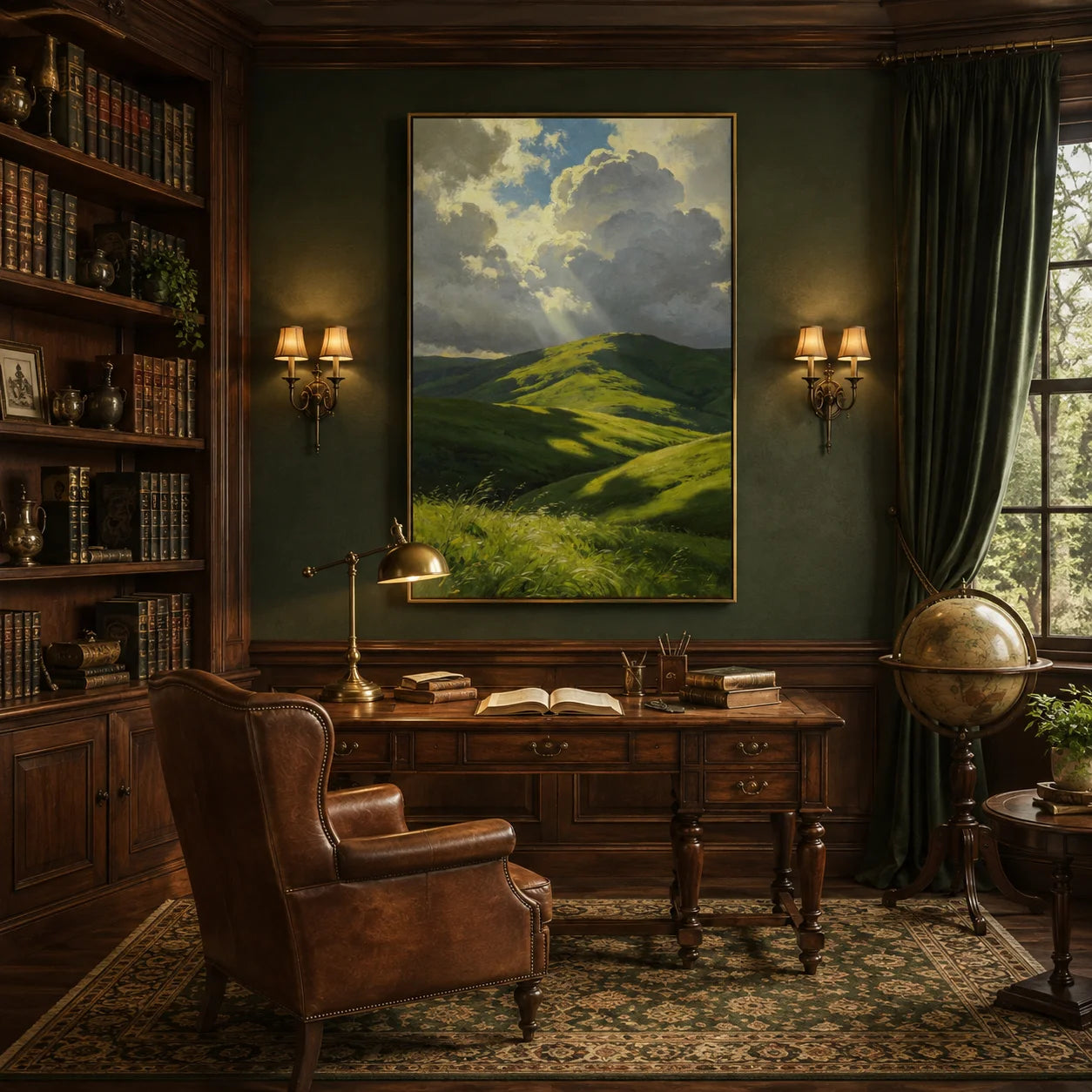 Ownanart Green Rolling Hills Hand-Painted Oil Painting – Sunlit Mountain Landscape with Dramatic Cloudy Sky, Nature Wall Art for Living Room # OA 1328