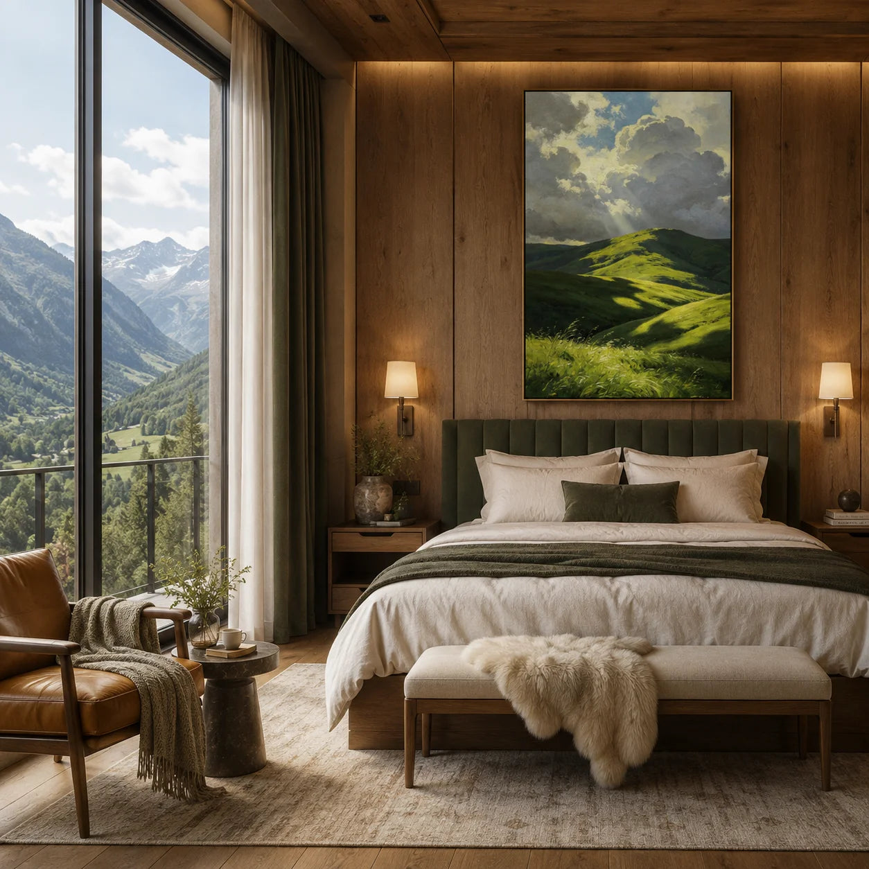 Ownanart Green Rolling Hills Hand-Painted Oil Painting – Sunlit Mountain Landscape with Dramatic Cloudy Sky, Nature Wall Art for Living Room # OA 1328