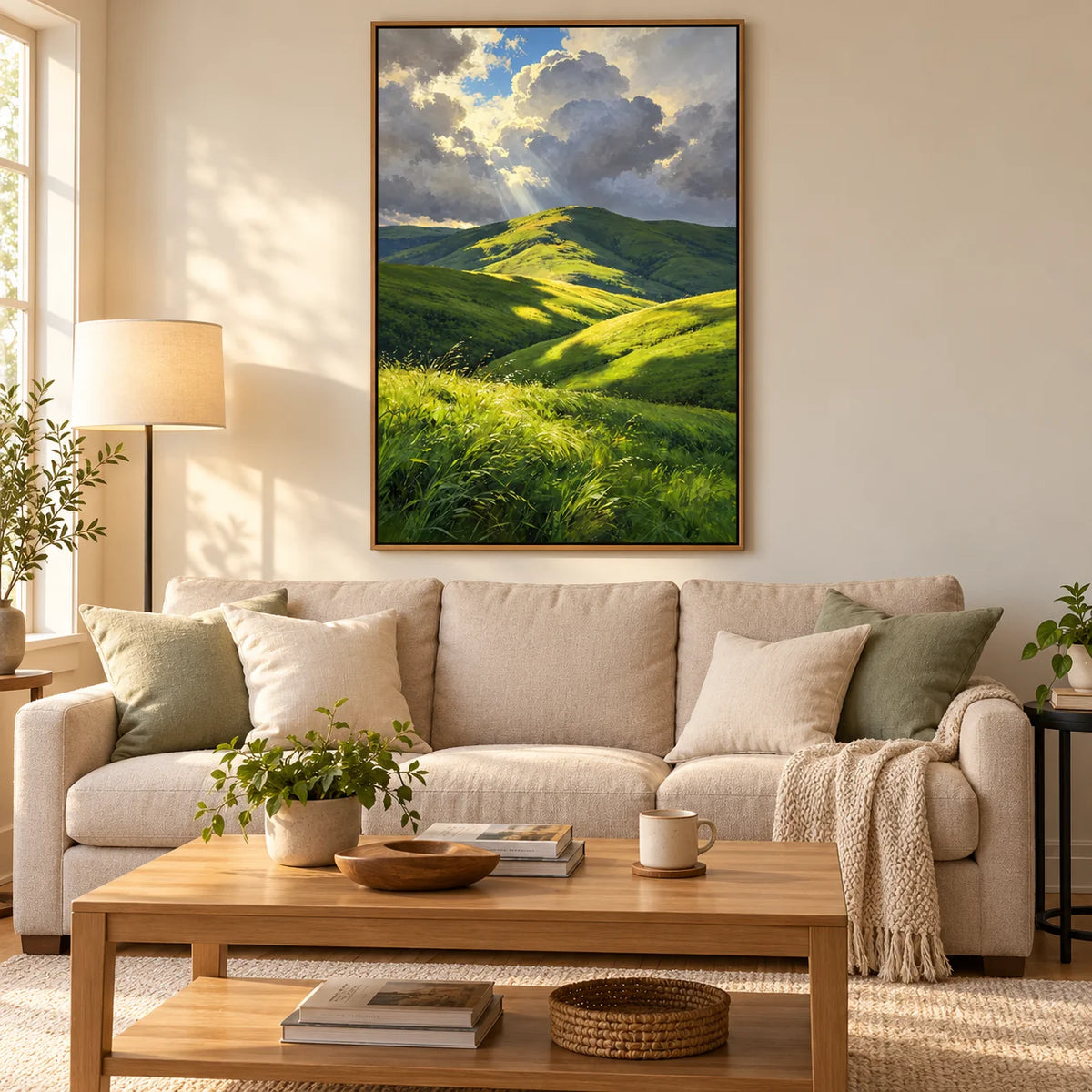 Ownanart Green Rolling Hills Hand-Painted Oil Painting – Sunlit Mountain Landscape with Dramatic Cloudy Sky, Nature Wall Art for Living Room