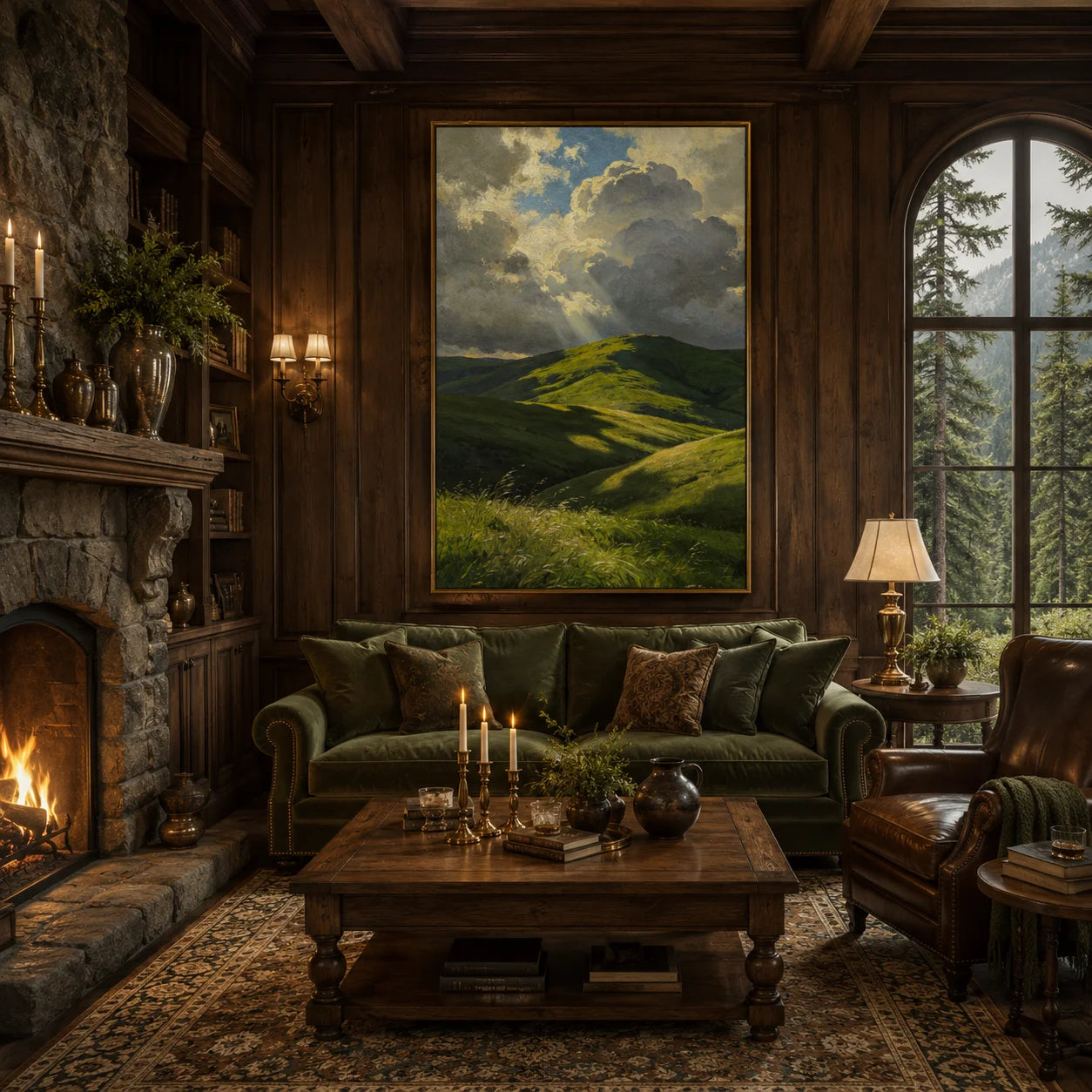 Ownanart Green Rolling Hills Hand-Painted Oil Painting – Sunlit Mountain Landscape with Dramatic Cloudy Sky, Nature Wall Art for Living Room # OA 1328