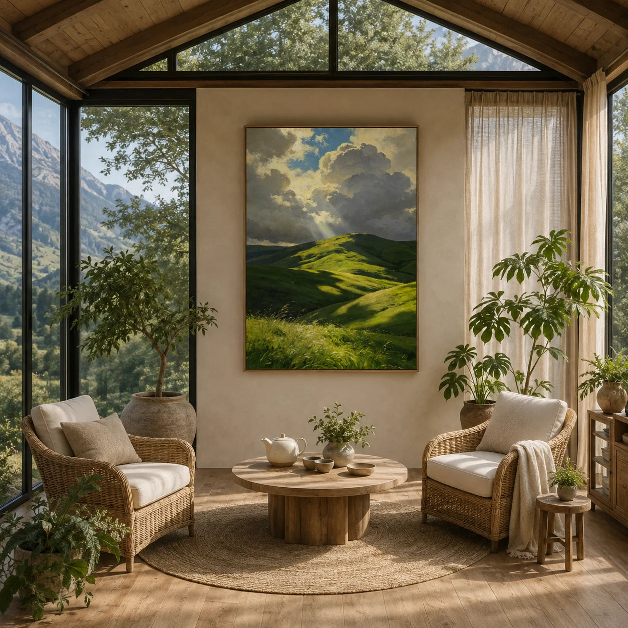 Ownanart Green Rolling Hills Hand-Painted Oil Painting – Sunlit Mountain Landscape with Dramatic Cloudy Sky, Nature Wall Art for Living Room # OA 1328