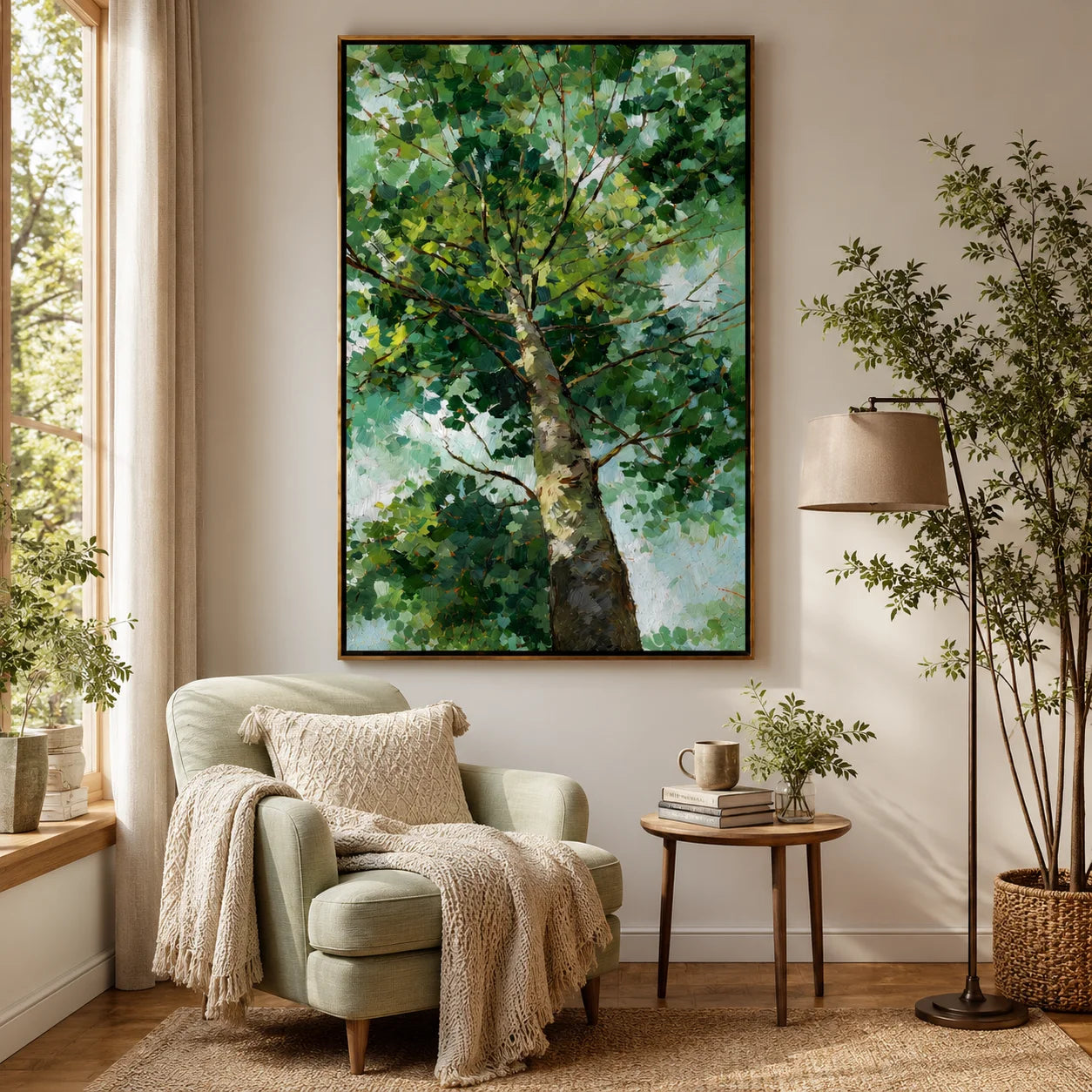 Green Tree Canopy Hand-Painted Oil Painting, Textured Botanical Wall Art for Modern Home Decor#OA 0973