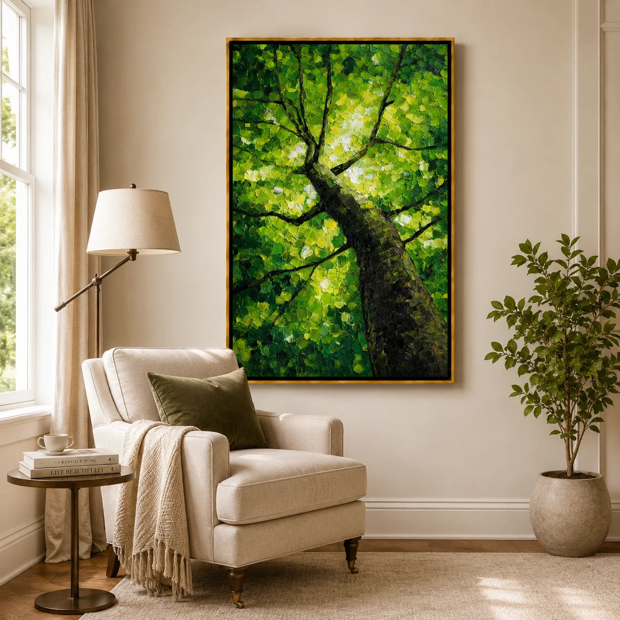 Green Tree Canopy Hand-Painted Oil Painting, Textured Forest Nature Canvas Wall Art for Modern Home Decor#OA 0956
