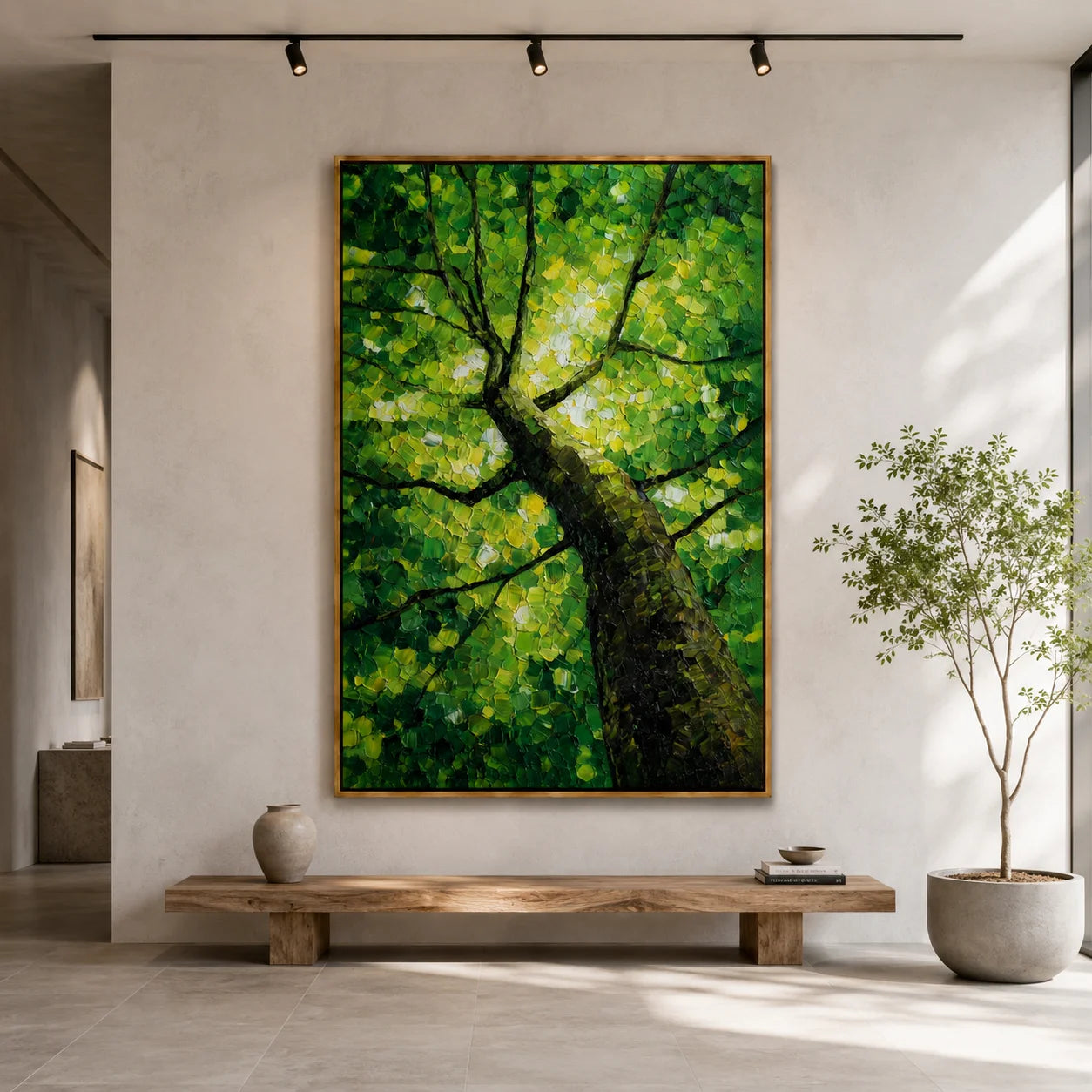 Green Tree Canopy Hand-Painted Oil Painting, Textured Forest Nature Canvas Wall Art for Modern Home Decor#OA 0956