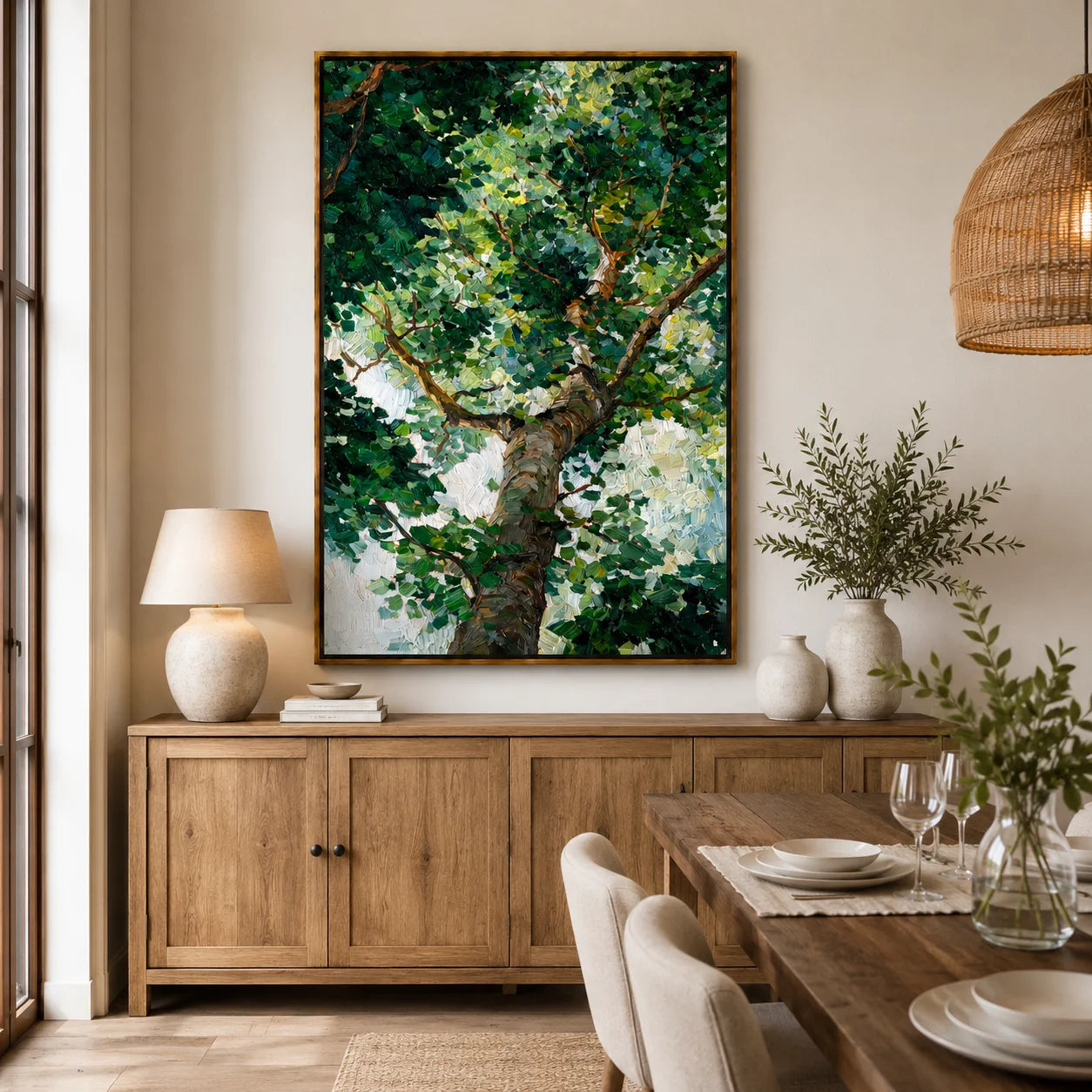Green Tree Canopy Hand-Painted Oil Painting, Textured Forest Wall Art for Modern Nature Home Decor#OA 0974