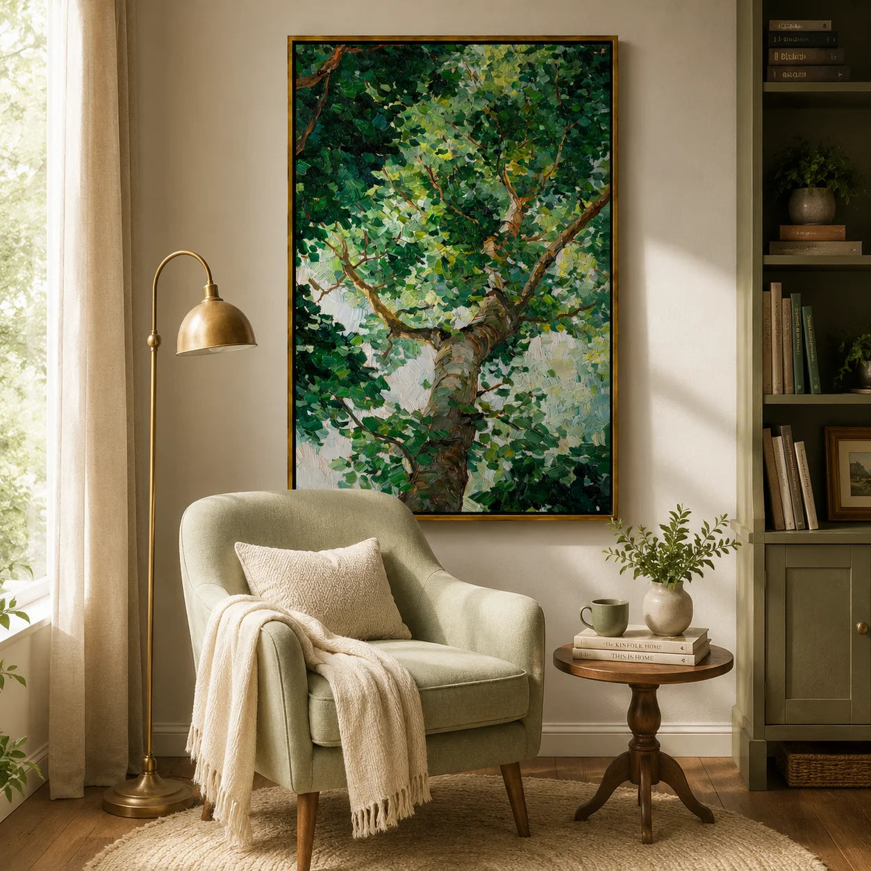 Green Tree Canopy Hand-Painted Oil Painting, Textured Forest Wall Art for Modern Nature Home Decor#OA 0974