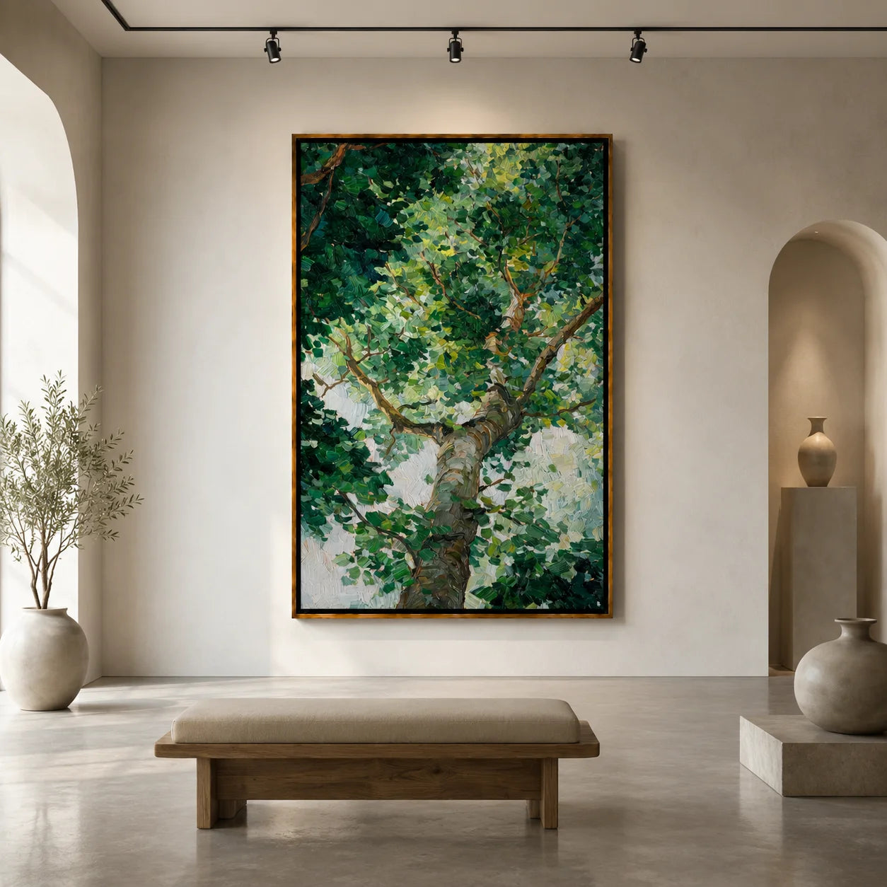 Green Tree Canopy Hand-Painted Oil Painting, Textured Forest Wall Art for Modern Nature Home Decor#OA 0974