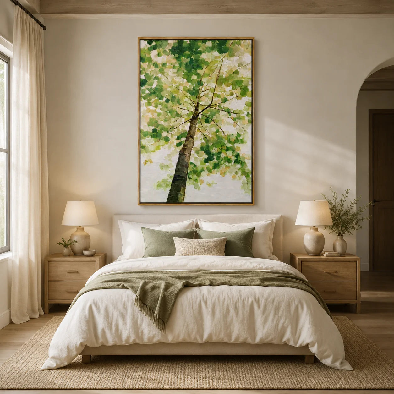 Green Tree Canopy Hand-Painted Oil Painting, Textured Nature Canvas Wall Art for Modern Home Decor#OA 0955