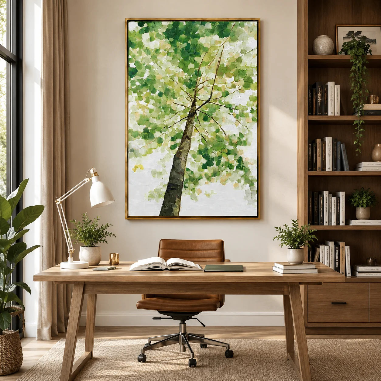 Green Tree Canopy Hand-Painted Oil Painting, Textured Nature Canvas Wall Art for Modern Home Decor#OA 0955