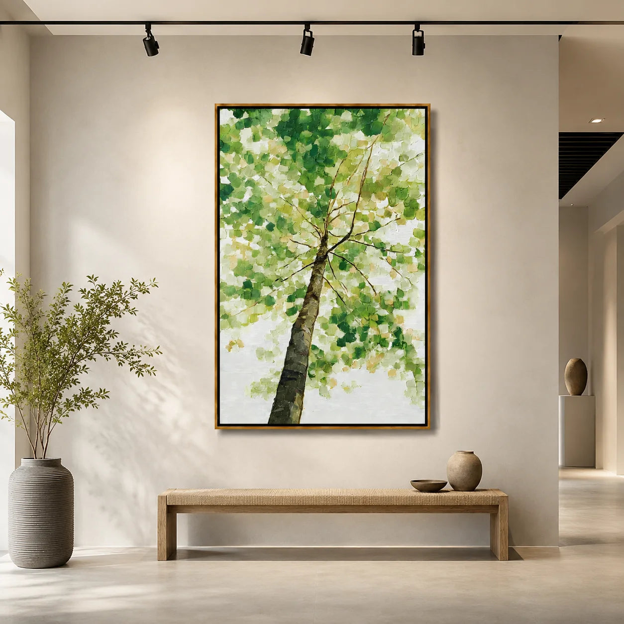 Green Tree Canopy Hand-Painted Oil Painting, Textured Nature Canvas Wall Art for Modern Home Decor#OA 0955