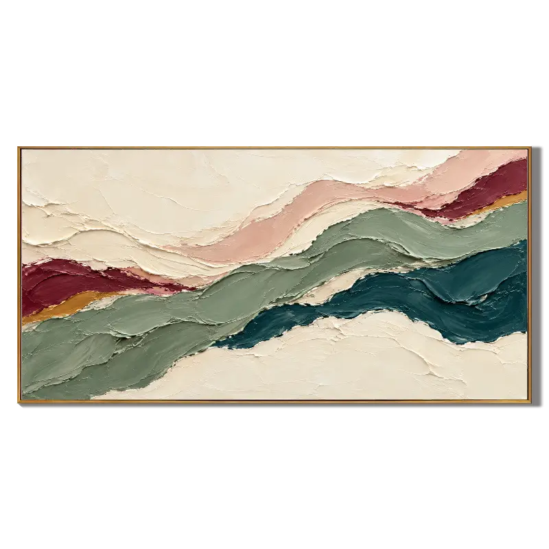 Ownanart Hand-Painted Abstract Landscape Oil Painting – Sage Green, Teal & Cream Flowing Layers, Panoramic Impasto Wall Art