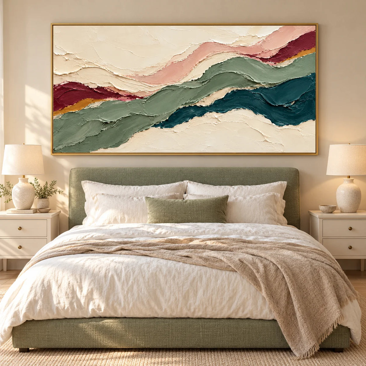 Ownanart Hand-Painted Abstract Landscape Oil Painting – Sage Green, Teal & Cream Flowing Layers, Panoramic Impasto Wall Art