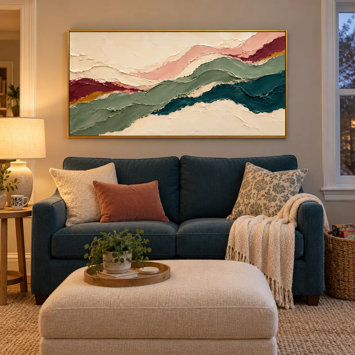 Ownanart Hand-Painted Abstract Landscape Oil Painting – Sage Green, Teal & Cream Flowing Layers, Panoramic Impasto Wall Art