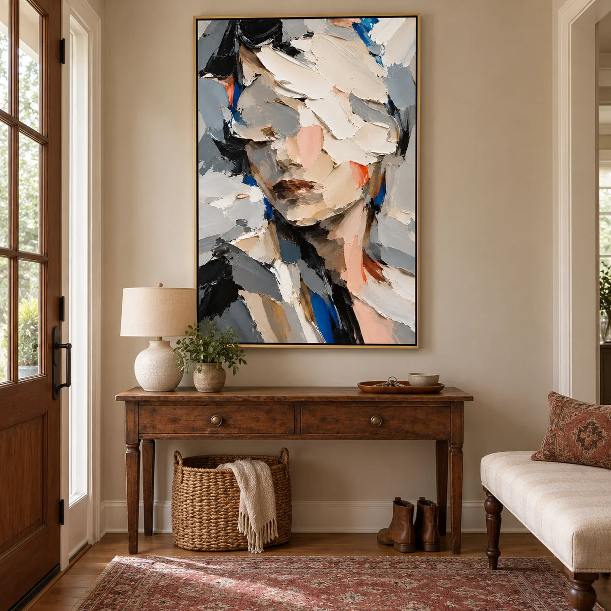 Ownanart Hand-Painted Abstract Woman Portrait Oil Painting – Textured Palette Knife Figurative Canvas Wall Art