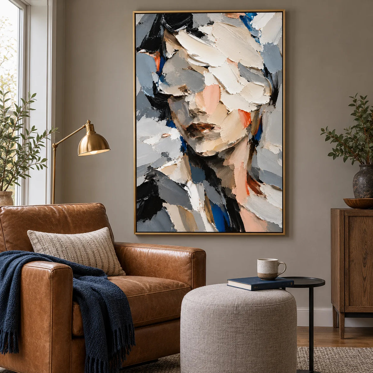 Ownanart Hand-Painted Abstract Woman Portrait Oil Painting – Textured Palette Knife Figurative Canvas Wall Art