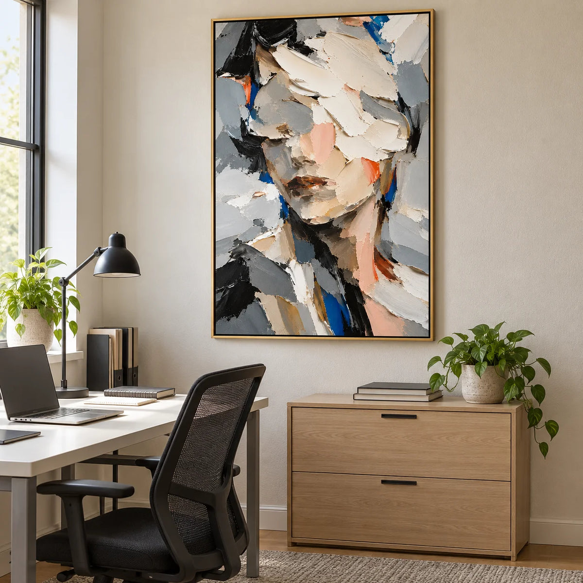 Ownanart Hand-Painted Abstract Woman Portrait Oil Painting – Textured Palette Knife Figurative Canvas Wall Art