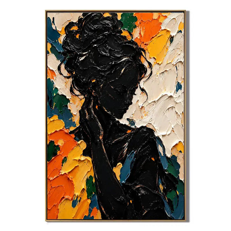 Ownanart Hand-Painted Abstract Woman Portrait Textured Oil Painting – Black Female Silhouette with Vibrant Orange, Yellow and Blue 3D Impasto Art, Modern Colorful Figurative Wall Art for Living Room