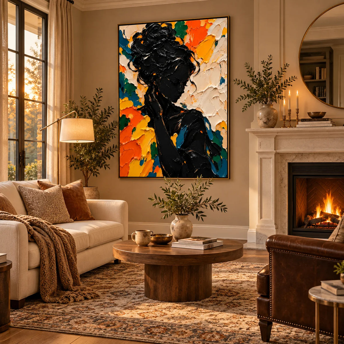 Ownanart Hand-Painted Abstract Woman Portrait Textured Oil Painting – Black Female Silhouette with Vibrant Orange, Yellow and Blue 3D Impasto Art, Modern Colorful Figurative Wall Art for Living Room