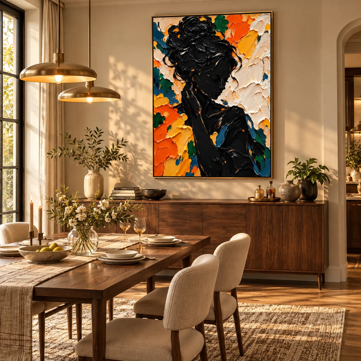 Ownanart Hand-Painted Abstract Woman Portrait Textured Oil Painting – Black Female Silhouette with Vibrant Orange, Yellow and Blue 3D Impasto Art, Modern Colorful Figurative Wall Art for Living Room