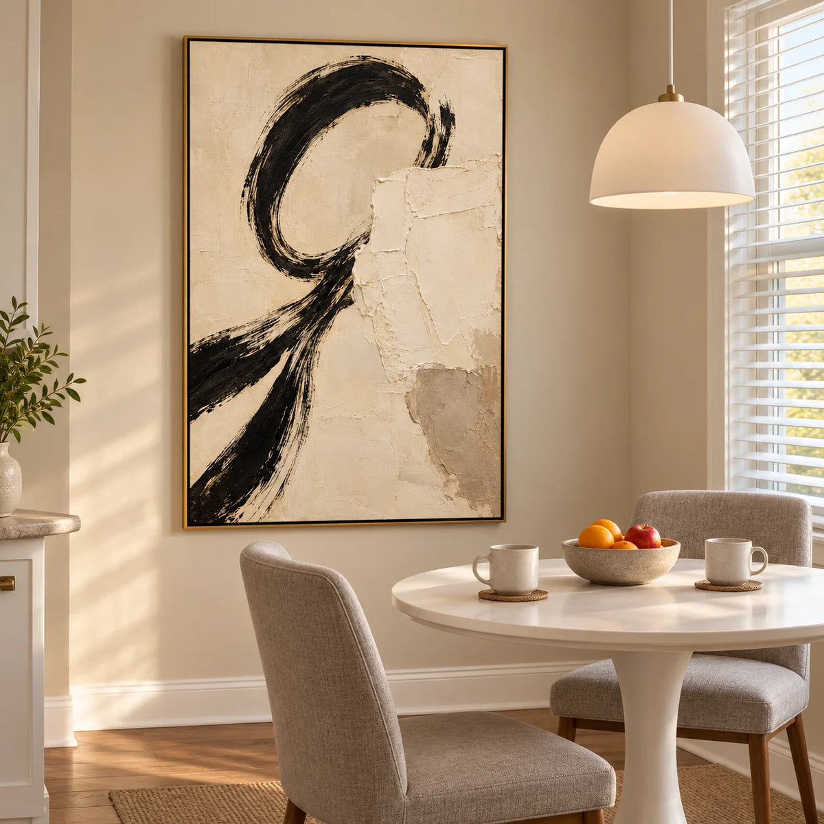 Ownanart Hand-Painted Black & Cream Abstract Oil Painting – Expressive Circular Brushstrokes, Vertical Textured Wabi-Sabi Wall Art