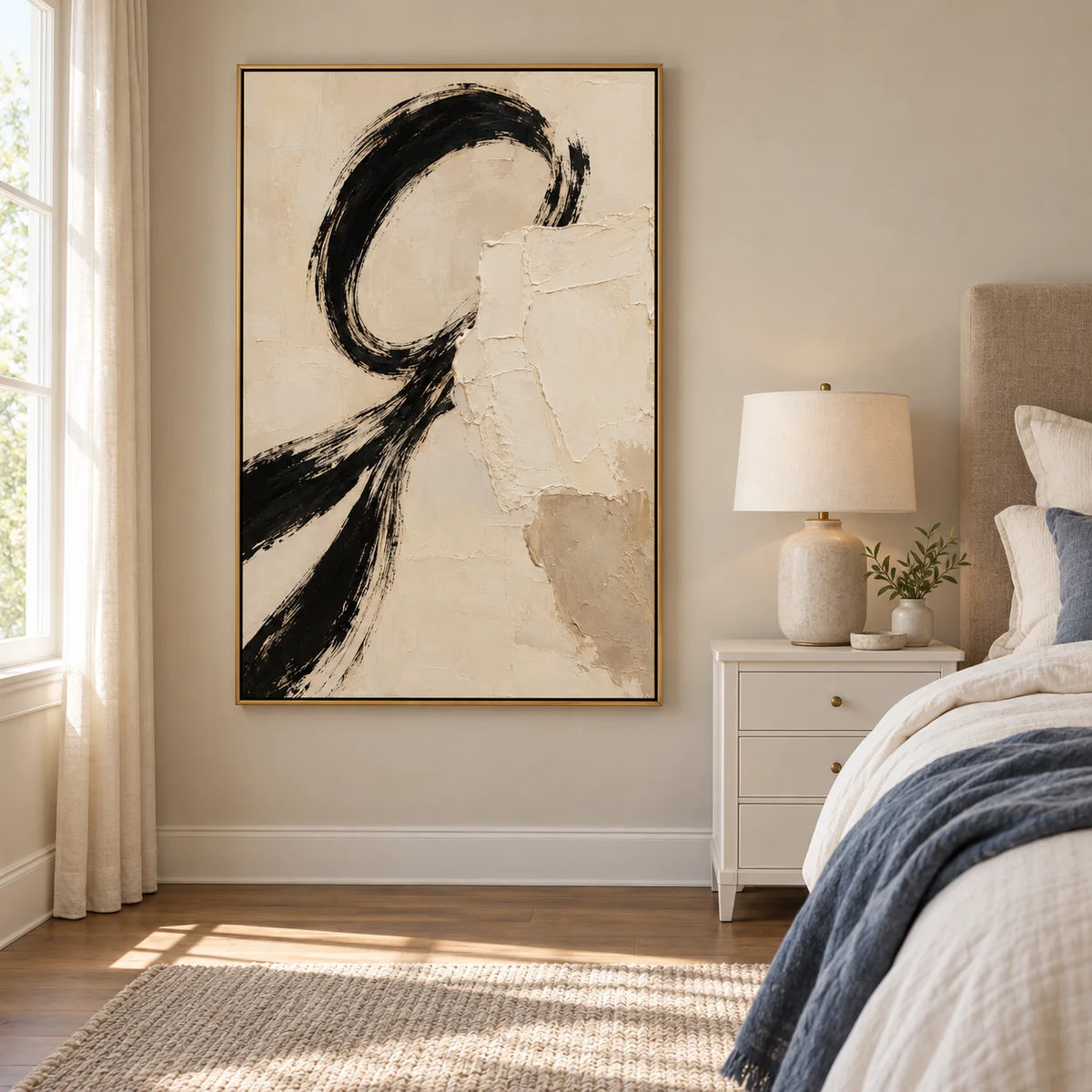 Ownanart Hand-Painted Black & Cream Abstract Oil Painting – Expressive Circular Brushstrokes, Vertical Textured Wabi-Sabi Wall Art
