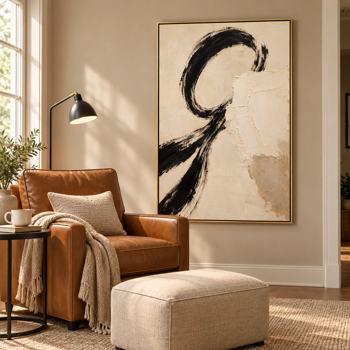 Ownanart Hand-Painted Black & Cream Abstract Oil Painting – Expressive Circular Brushstrokes, Vertical Textured Wabi-Sabi Wall Art