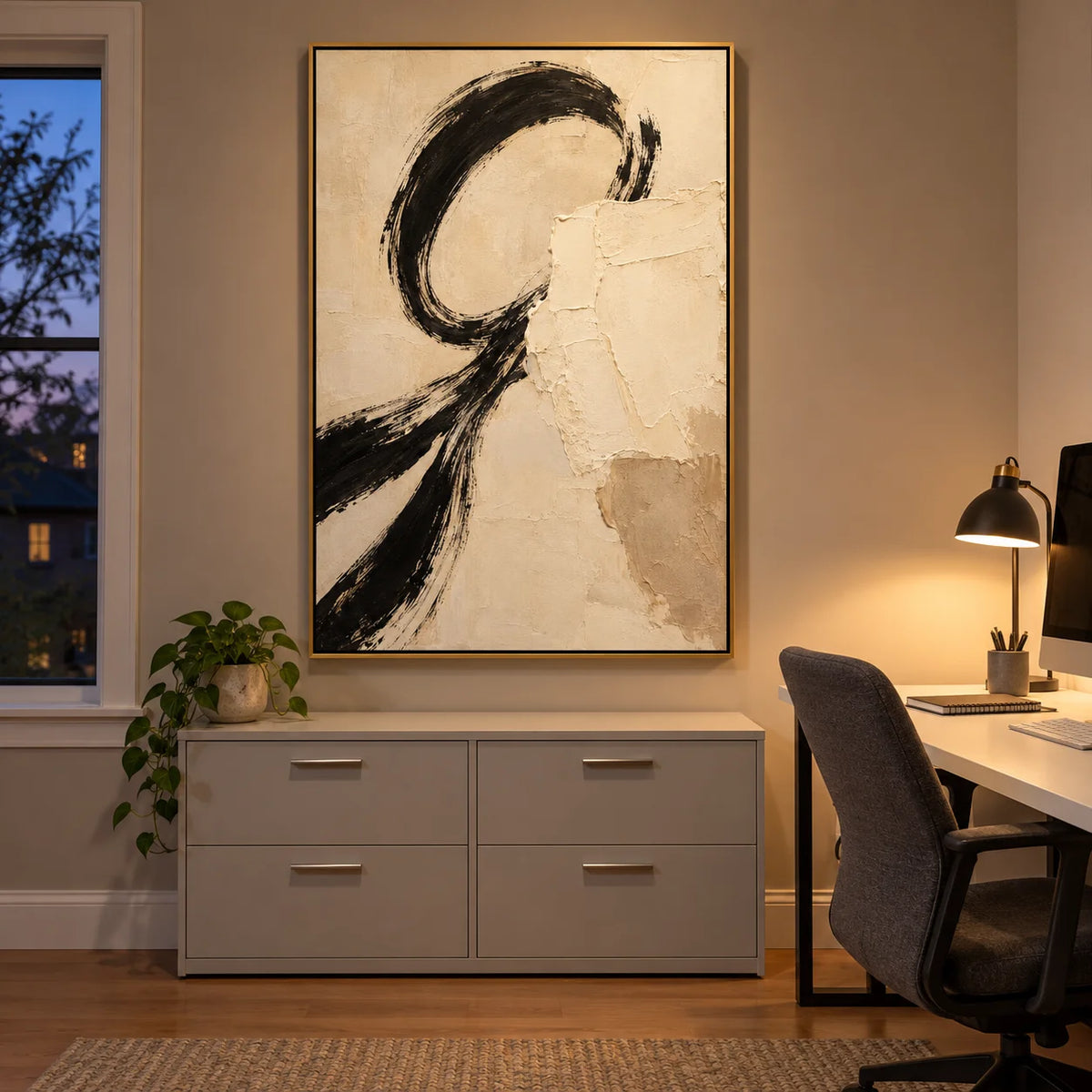 Ownanart Hand-Painted Black & Cream Abstract Oil Painting – Expressive Circular Brushstrokes, Vertical Textured Wabi-Sabi Wall Art