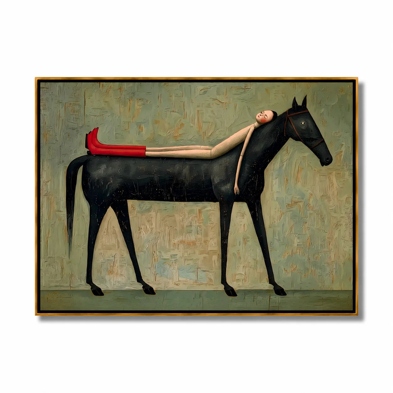 Hand-Painted Black Horse and Red Boots Girl Oil Painting | Surreal Figurative Animal Wall Art for Modern Decor#OA 1013