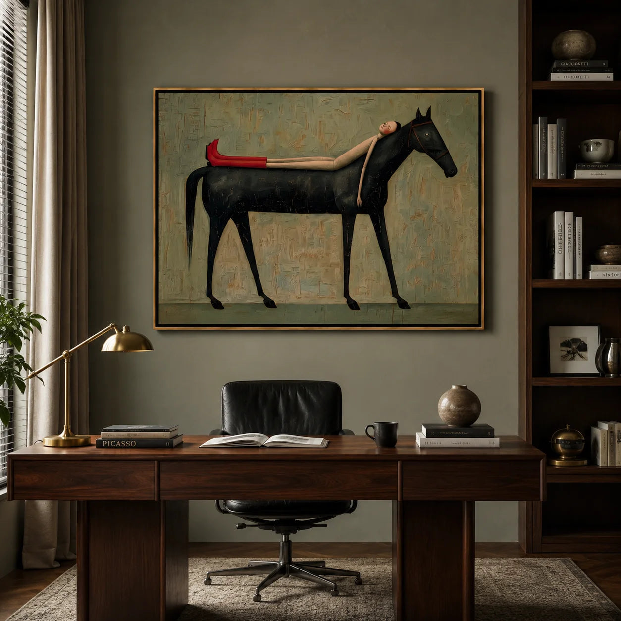 Hand-Painted Black Horse and Red Boots Girl Oil Painting | Surreal Figurative Animal Wall Art for Modern Decor#OA 1013