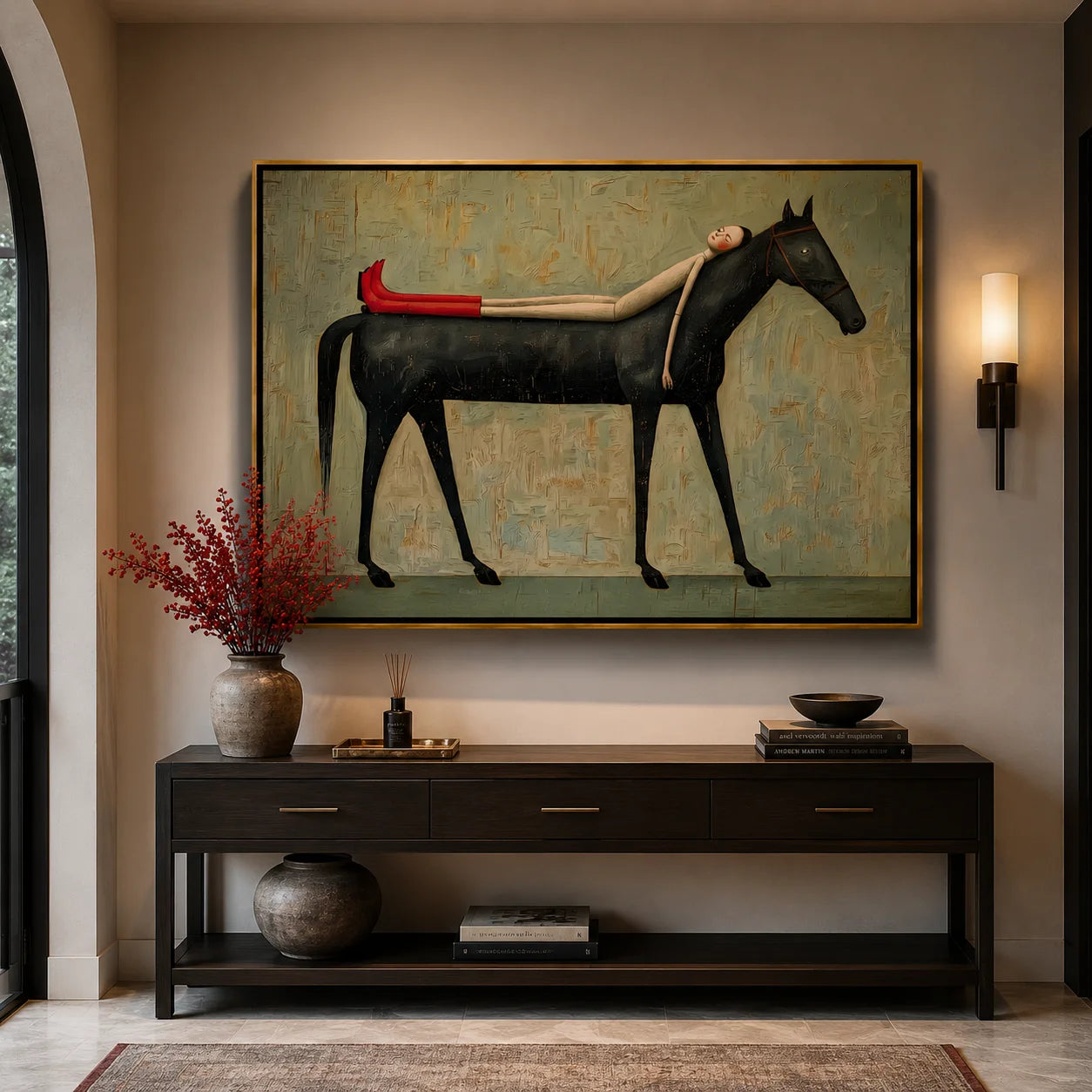 Hand-Painted Black Horse and Red Boots Girl Oil Painting | Surreal Figurative Animal Wall Art for Modern Decor#OA 1013
