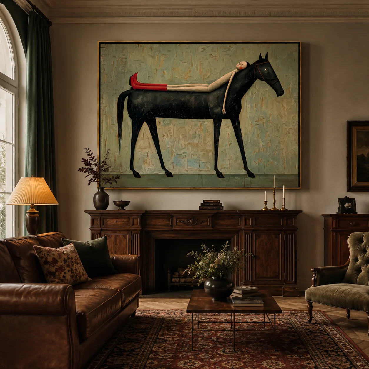 Hand-Painted Black Horse and Red Boots Girl Oil Painting | Surreal Figurative Animal Wall Art for Modern Decor#OA 1013