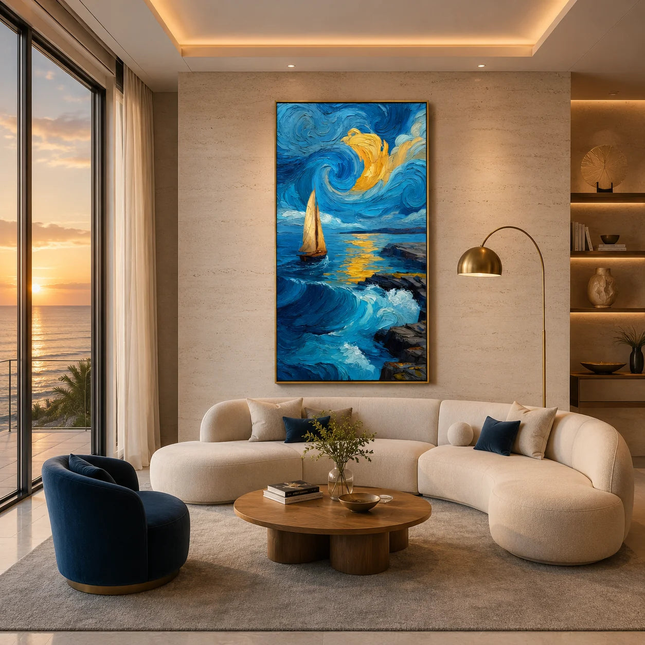 Ownanart Hand-Painted Blue & Gold Starry Night Seascape Oil Painting | Modern Impressionist Sailboat, Swirling Sky, Mountain & Ocean Wave Textured Wall Art for Living Room and Bedroom # OA 1348