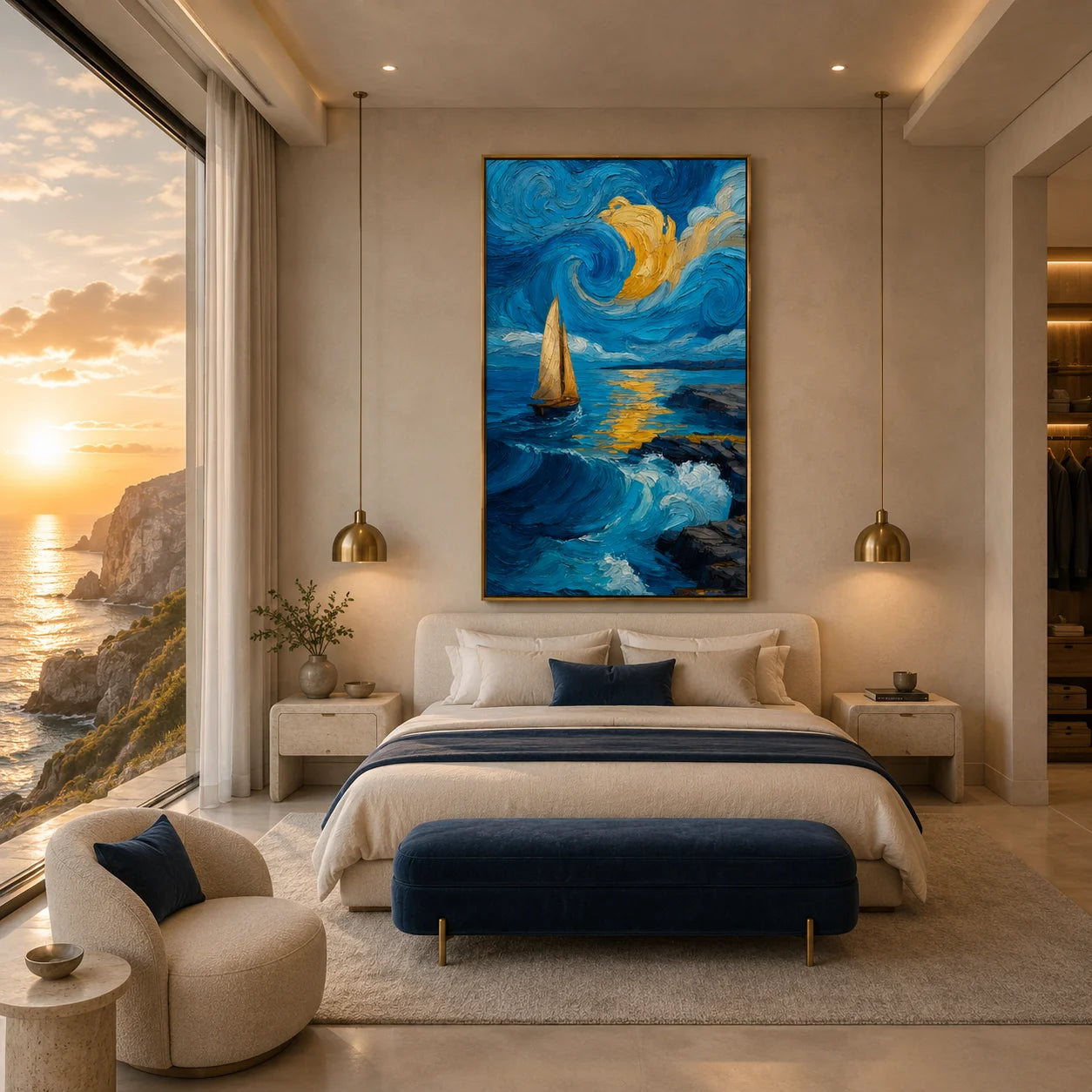 Ownanart Hand-Painted Blue & Gold Starry Night Seascape Oil Painting | Modern Impressionist Sailboat, Swirling Sky, Mountain & Ocean Wave Textured Wall Art for Living Room and Bedroom # OA 1348